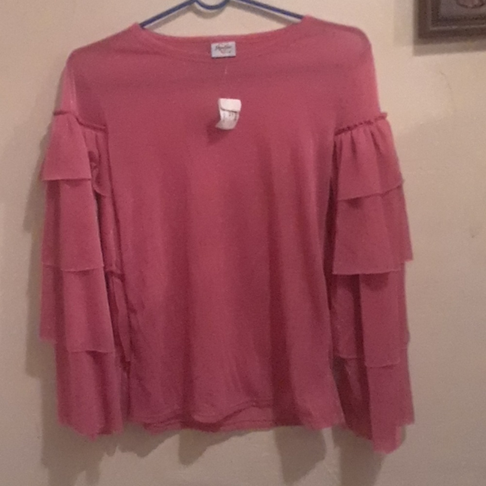 Coral pink blouse with bell ruffle sleeves